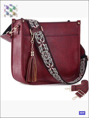 Vegan Leather Crossbody Bag Hobo with 2 Adjustable Guitar Straps Tassel Trendy